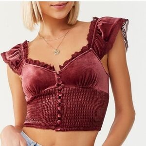 Forever 21 Velvet Smocked Lace Trim Crop Top Cranberry S